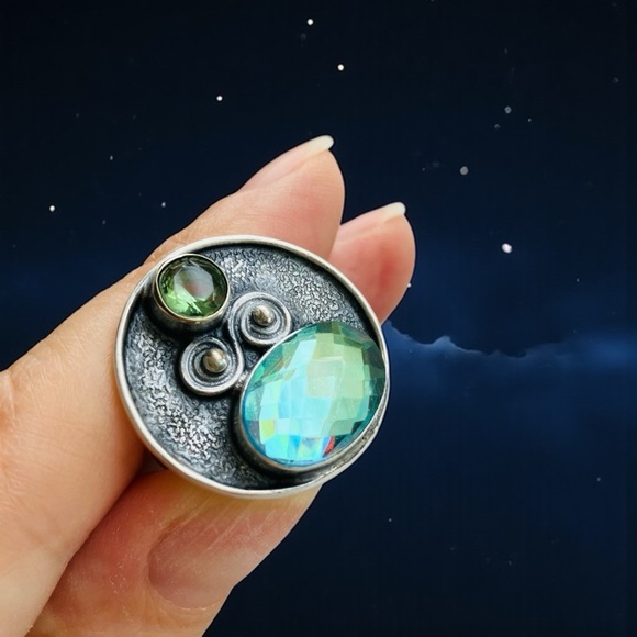 Triplet Opal Peridot Saucer Ring, SS 6.25 - Picture 3 of 6